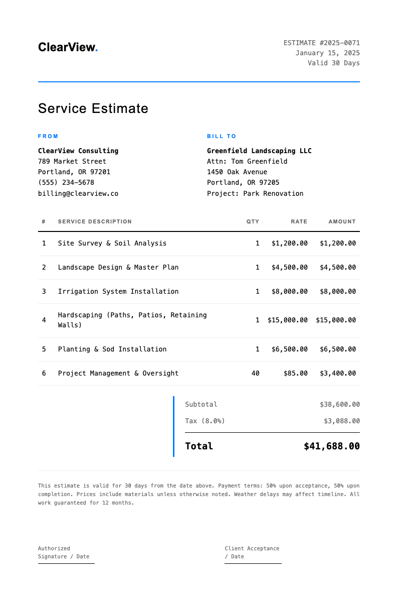 Clean modern service estimate